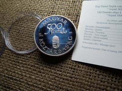 Ezüst 500 forint 1993 PP , Hajók , Árpád , certi 
