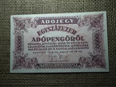 Százezer Adópengő 1946 , sorszám és vízjel nélkül , hajtatlan 