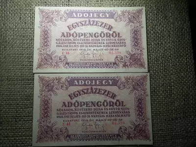 Százezer Adópengő 1946 , sorszámos , vízjeles , 2 db sorszámkövető 