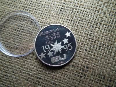 Ausztria , ezüst 5 ecu 1995 ,  sterling , 925/1000 , 20 g 
