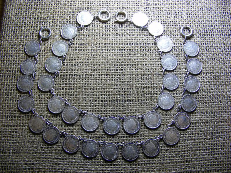 Érmés nyaklánc-karkötő, Holland cent, ezüstözött