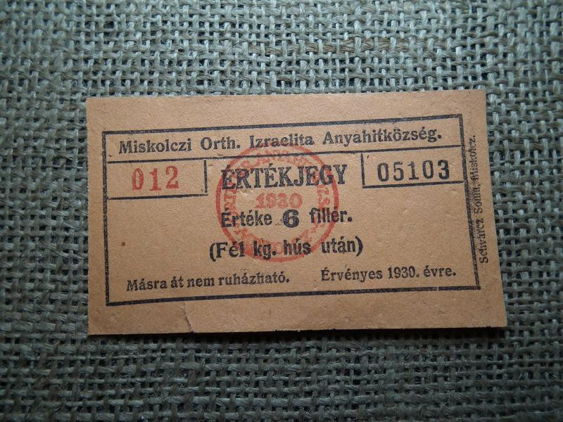 Miskolczi Ortodox Izraelita Anyahitközség, 1930, 6 fillér
