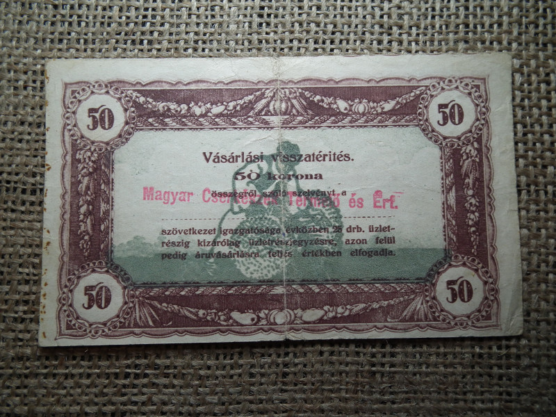 50 korona 1920 évek , vásárlási visszatérítés ! Magyar Cserkészek termelő és értékesítő szövetkezete !! 