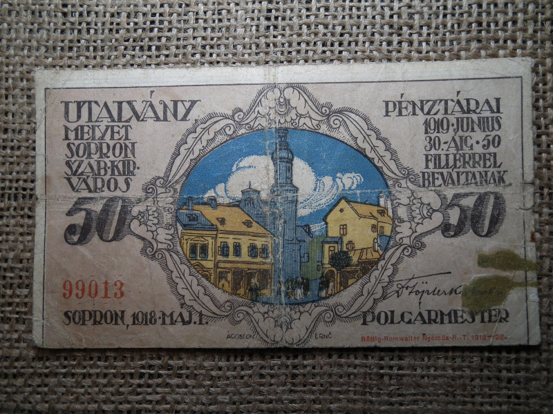 50 fillér 1919 Sopron ! Utalvány 