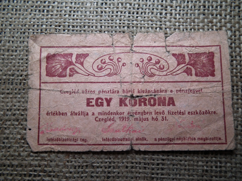 1 korona 1919 Czegléd ! Cegléd város pénztára 