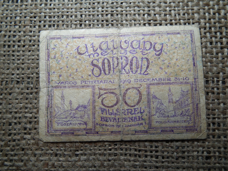 50 fillér 1919 Sopron ! Utalvány , Sopron város pénztárai 