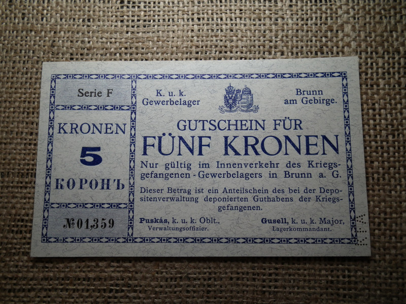5 korona 1916 , Brunn am Gebirge 5 Kronen , Ausztria és Osztrák-Magyar Monarchia , Fogolytábor kiadások