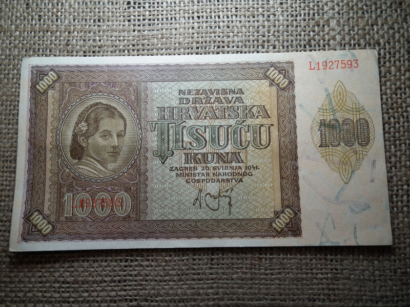 Horvátország , 1000 kuna 1941 bankjegy , xf
