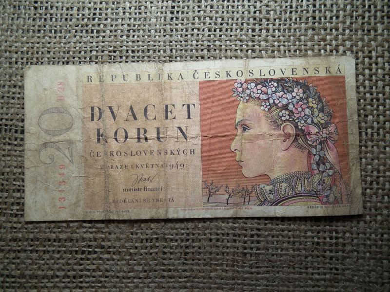 Csehszlovákia 20 korona 1949 , korun , bankjegy 