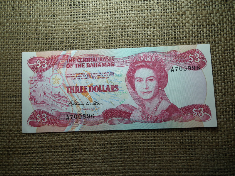 Bahamák , 3 dollár 1974 , 1984 !  dollars , unc bankjegy 