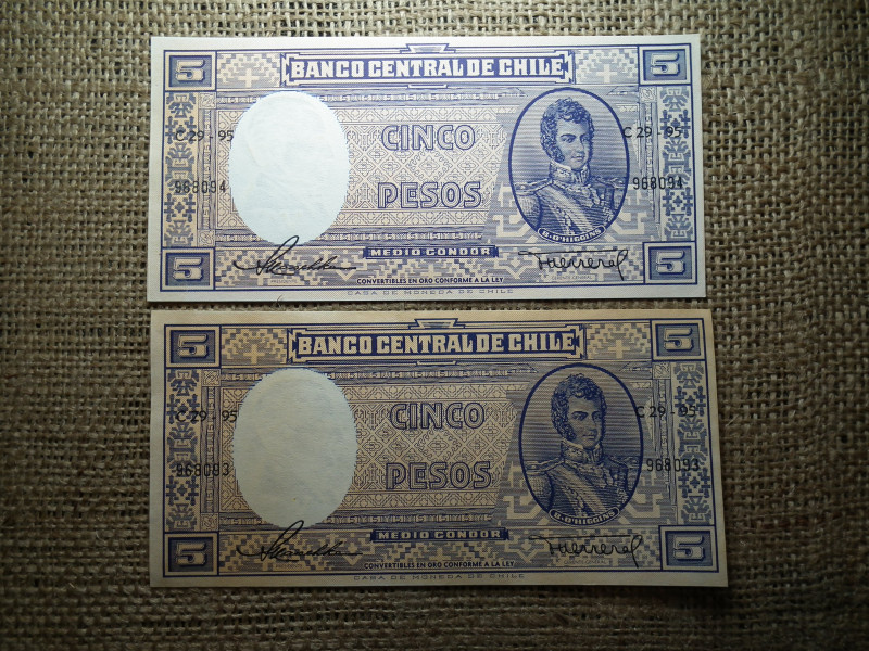 Chile , 5 pesos 1958 - 1959 , 2 db sorszámkövető bankjegy 