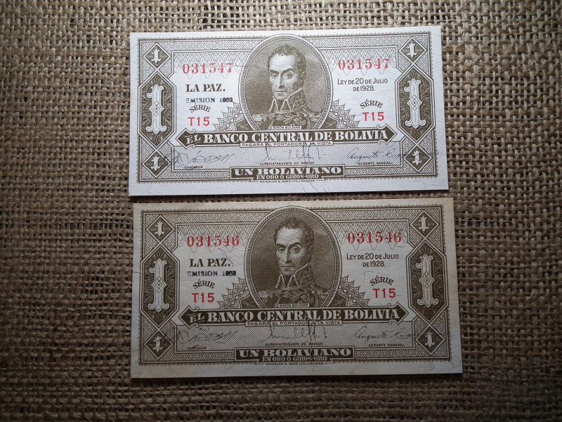 Bolívia 1 boliviano 1928  ( 1952 ) 2 db sorszámkövető bankjegy 