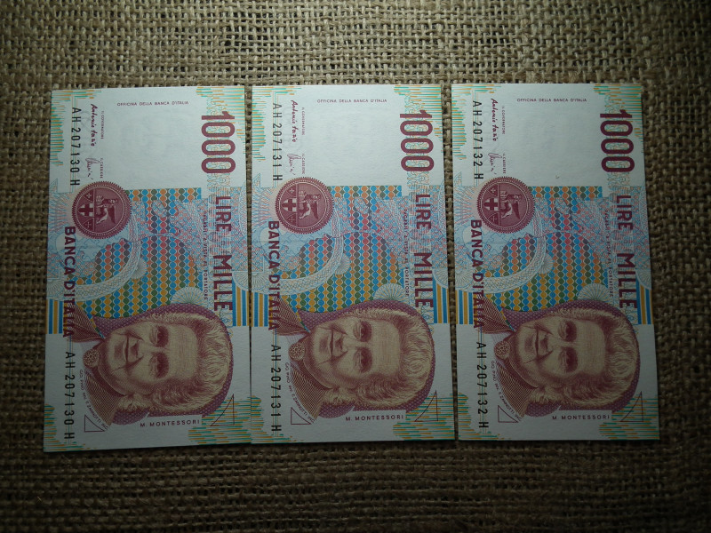 Olaszország 1000 lire 1990 , líra , 3 db sorszámkövető bankjegy 