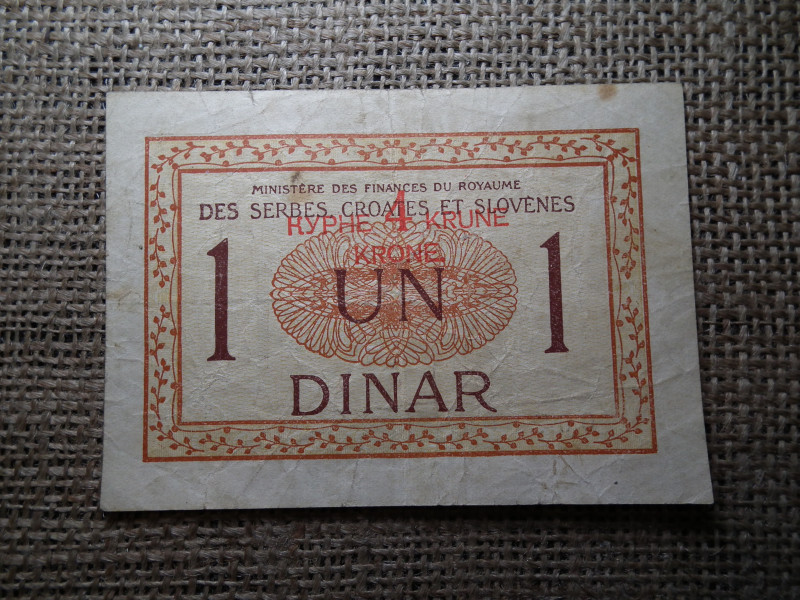 Szlovénia , Szerbia , Horvátország 1 dinar 1919 , 4 krune , krone dinár bankjegy 