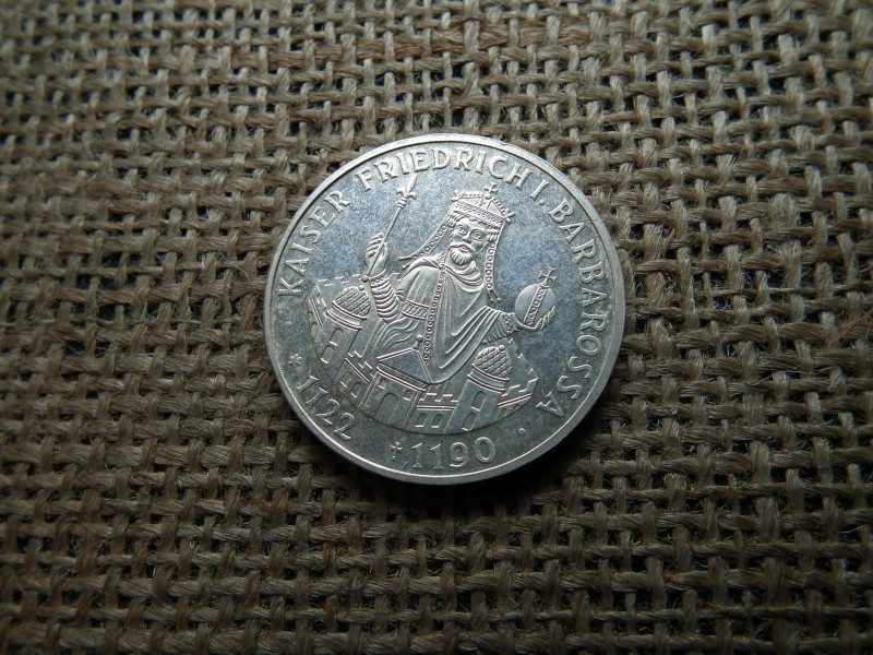 Németország , ezüst 10 márka 1990 F , Deutsche Mark Frederick I. Barbarossa