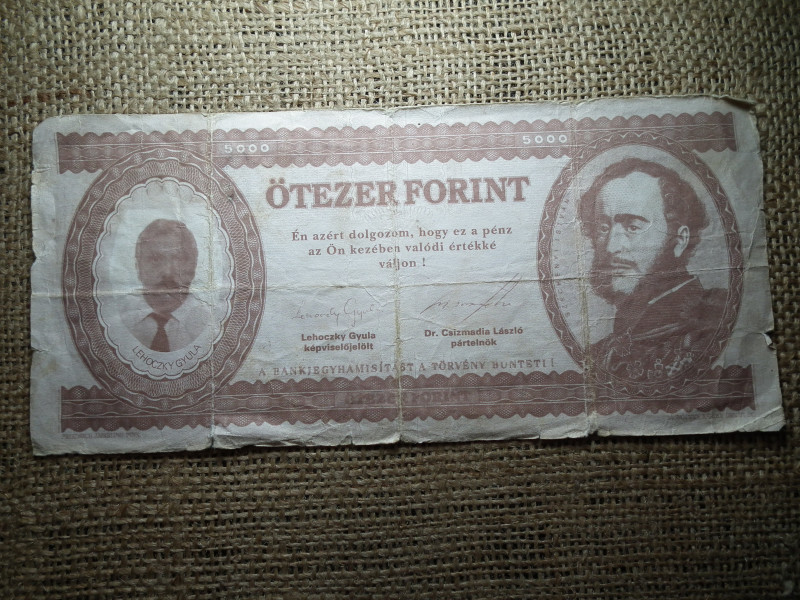 5000 forint 1994 május 8.  Lehoczky Gyula , Propaganda bankjegy ! Ritka , Konzervatív párt 