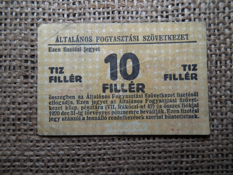 10 fillér 1920 - Általános Fogyasztási Szövetkezet