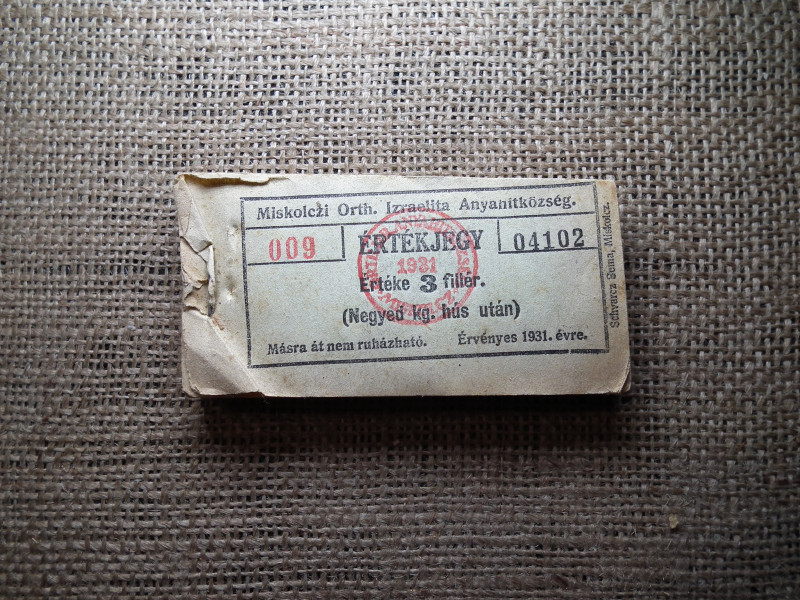 Miskolc , Miskolczi Ortodox Izraelita Hitközség ! Értékjegy 3 fillér 1931 , 1/4 kg hús , Orth. ! Ritka köteg ! 99 db sorszámkövető !