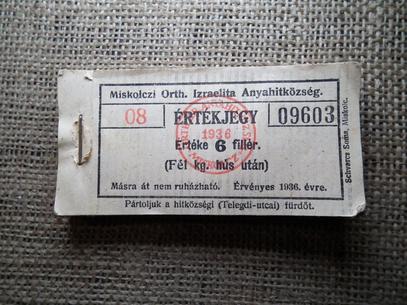 Miskolc , Miskolczi Ortodox Izraelita Anyahitközség ! Értékjegy 6 fillér 1936 , 1/2 kg hús , Orth. ! Ritka köteg ! 98 db sorszámkövető !