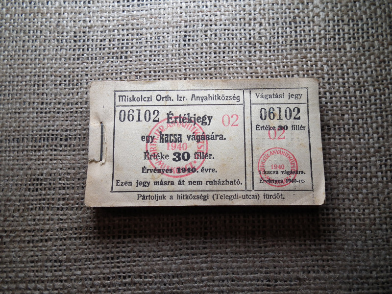 Miskolc , Miskolczi Ortodox Izraelita Anyahitközség ! Értékjegy 30 fillér 1940 , 1 kacsa vágására  , Orth. ! Ritka köteg ! 99 db sorszámkövető !