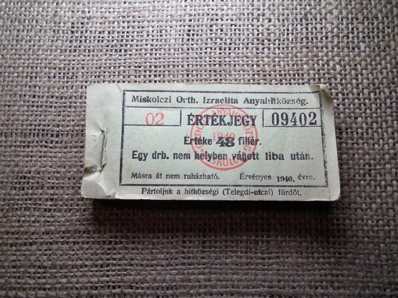 Miskolc , Miskolczi Ortodox Izraelita Anyahitközség ! Értékjegy 48 fillér 1940 , 1 db liba  ! Ritka köteg ! 99 db sorszámkövető !
