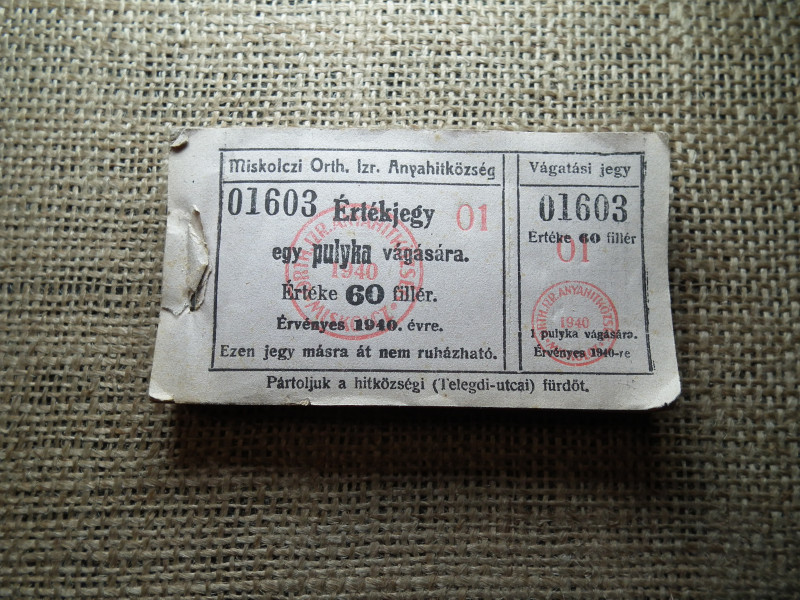 Miskolc , Miskolczi Ortodox Izraelita Anyahitközség ! Értékjegy 60 fillér 1940 , 1 pulyka  , Orth. ! Ritka köteg ! 98 db sorszámkövető !