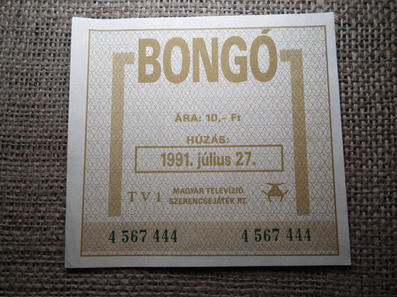 Bongó sorsjegy 1991 , 10 forint , TV1 Magyar Televízió Szerencsejáték Rt. 