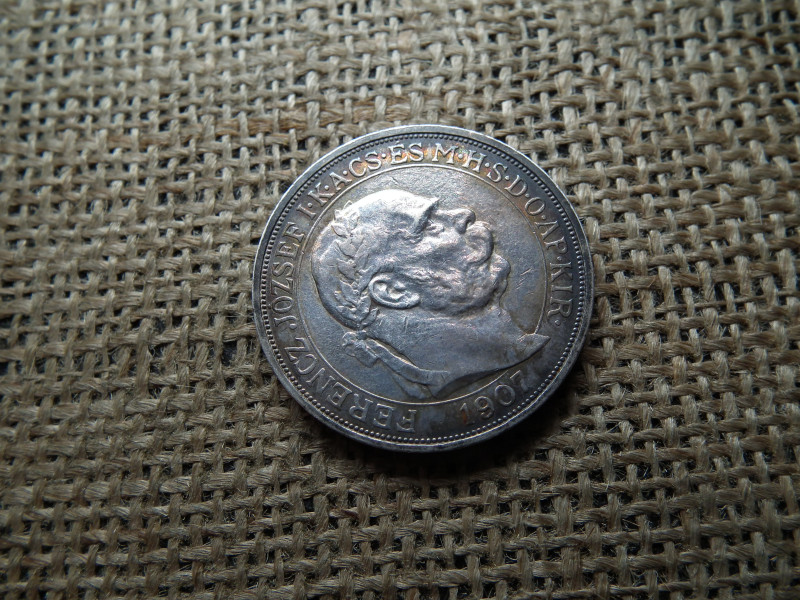 FERENC JÓZSEF KORONÁZÁSI 5 KORONA 1907 KB , EZÜST , Gyönyörű patinás 