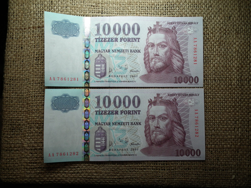 10000 forint 2007 AA , hajtatlan , a UNC - FX 2 db sorszámkövető 