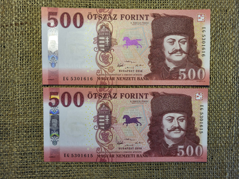 500 forint 2018 EG  UNC , 2 db sorszámkövető 