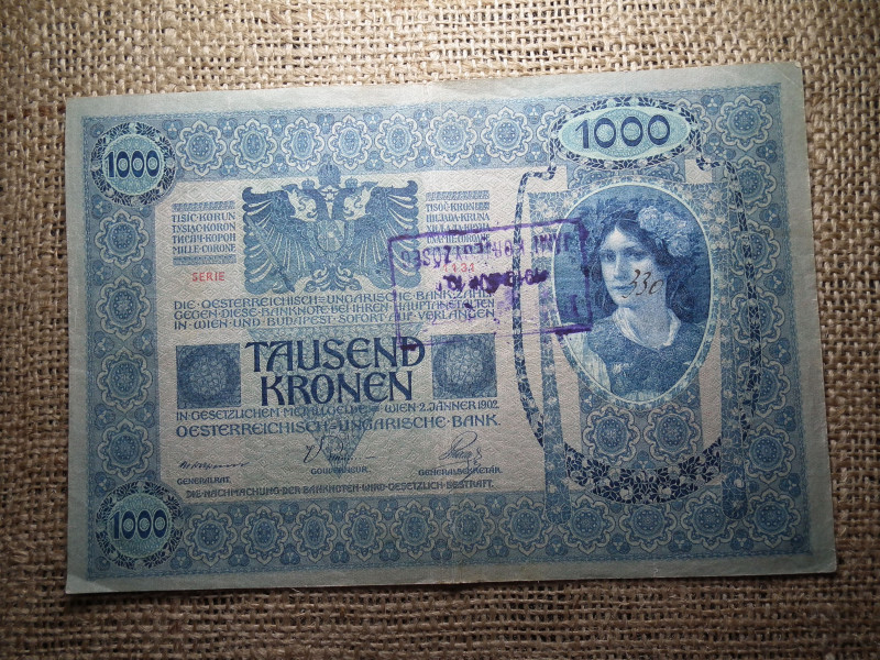 1000 korona 1902 , felülbélyegzés ! Felülbélyegzett !  Jámi közjegyzőség 
