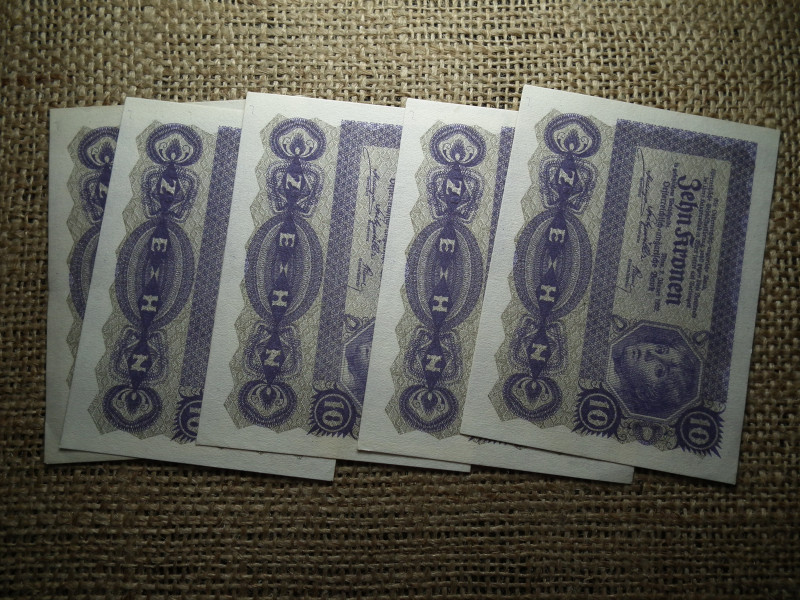 10 korona 1922 , hajtatlan , 5 db sorszámkövető 