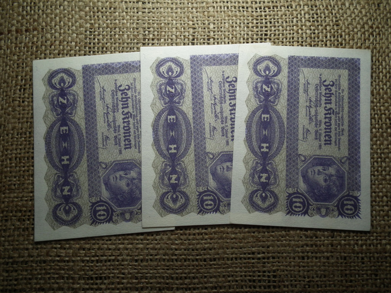 10 korona 1922 , hajtatlan  , 3 db sorszámkövető 