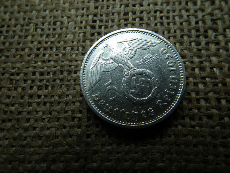 Birodalmi ezüst 5 márka 1936 D , Nagy sasos - horogkeresztes