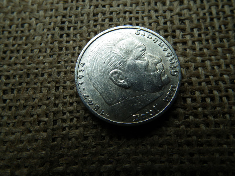 Birodalmi ezüst 5 márka 1936 G , Nagy sasos - horogkeresztes 