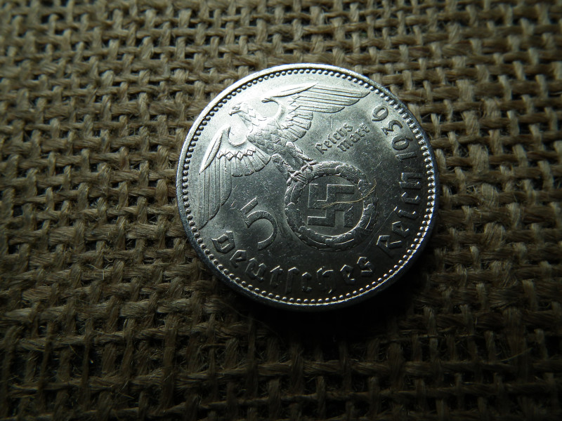 Birodalmi ezüst 5 márka 1936 J , Nagy sasos - horogkeresztes