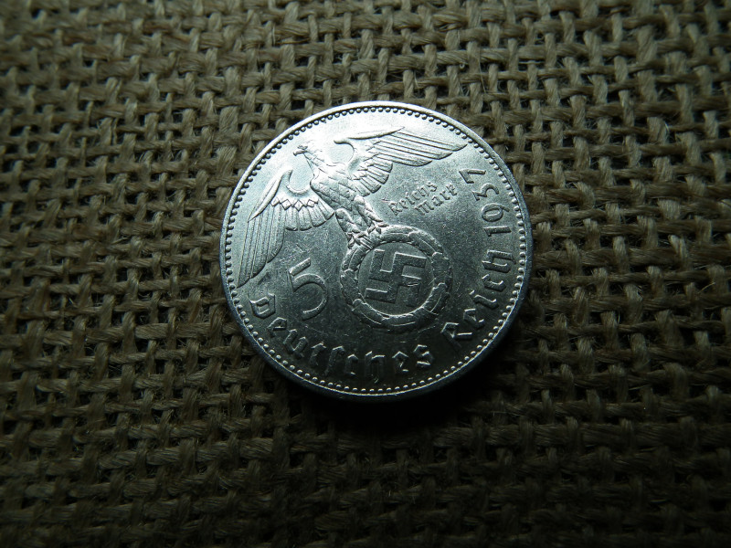 Birodalmi ezüst 5 márka 1937 F , Nagy sasos - horogkeresztes 