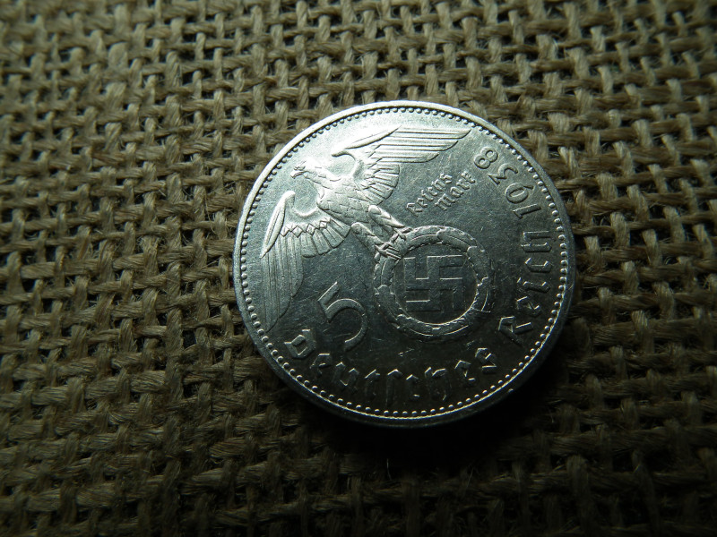 Birodalmi ezüst 5 márka 1938 G , Nagy sasos - horogkeresztes