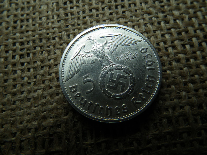 Birodalmi ezüst 5 márka 1939 B , Nagy sasos - horogkeresztes 