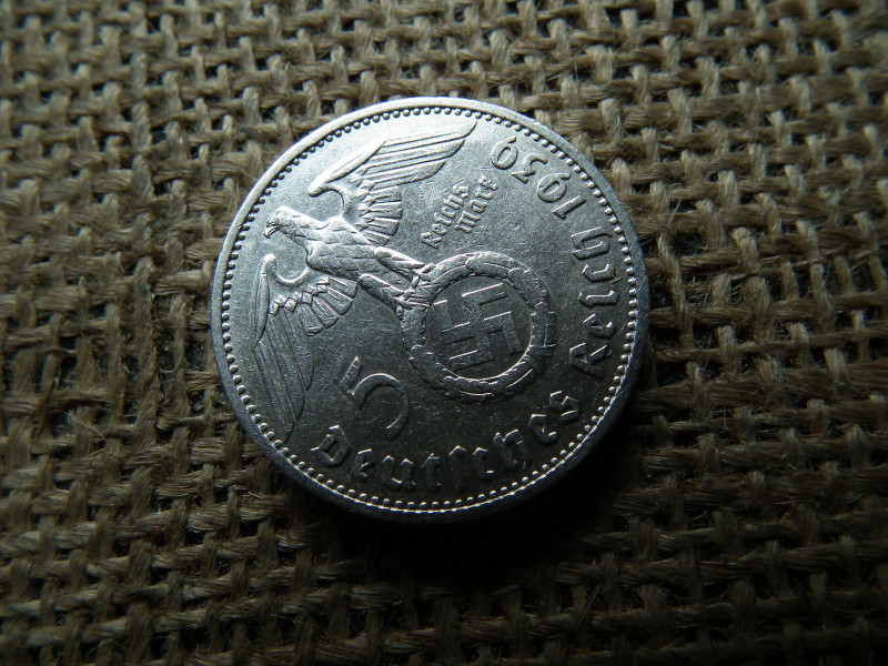 Birodalmi ezüst 5 márka 1939 F , Nagy sasos - horogkeresztes