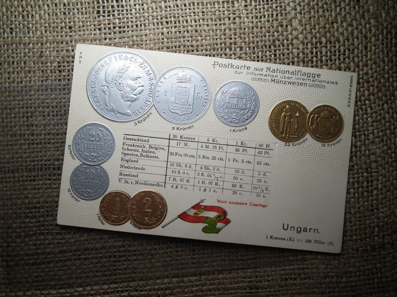 Ausztria - Magyarország érmék dombornyomott pénzes levelezőlap ! Korona rendszer ! Ritka
