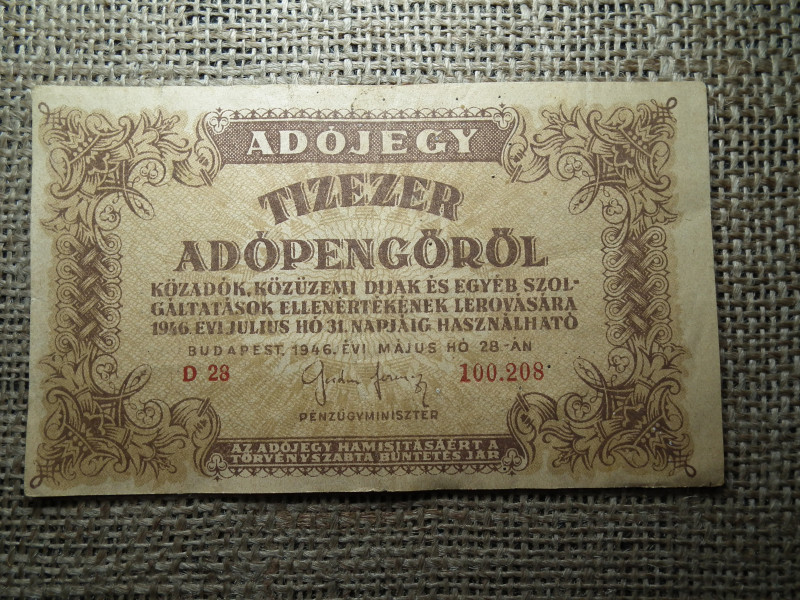 Tízezer Adópengő 1946 , százezer fölötti , nyomdahibás , eltolódott 