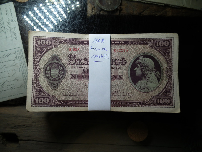 100 PENGŐ 1945 . ÁPRILIS 5. - 100 DARABOS KÖTEG EGYBEN!!! 100 alatti sorozatszám !