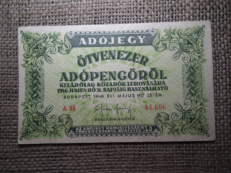 Ötvenezer adópengő 1946 , sorszámos , vízjeles , 50000