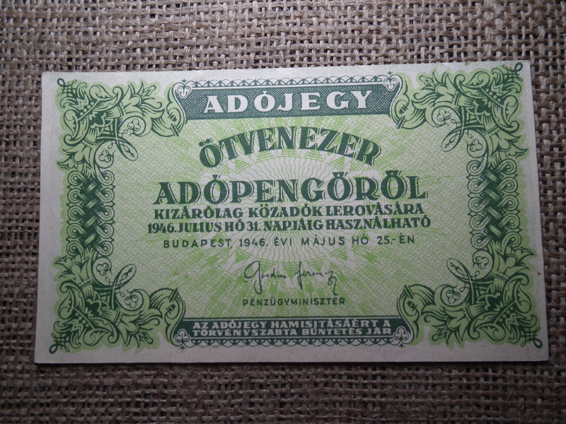 Ötvenezer adópengő 1946 , vízjel nélküli