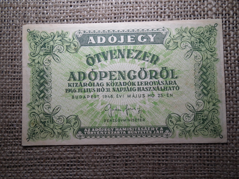 Ötvenezer adópengő 1946 , vízjel nélküli 
