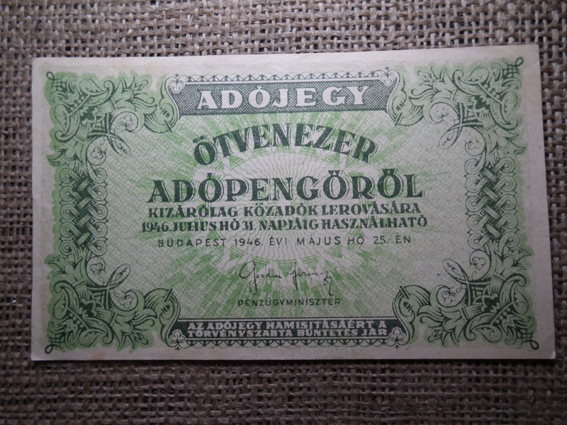 Ötvenezer adópengő 1946 , vízjel nélküli 