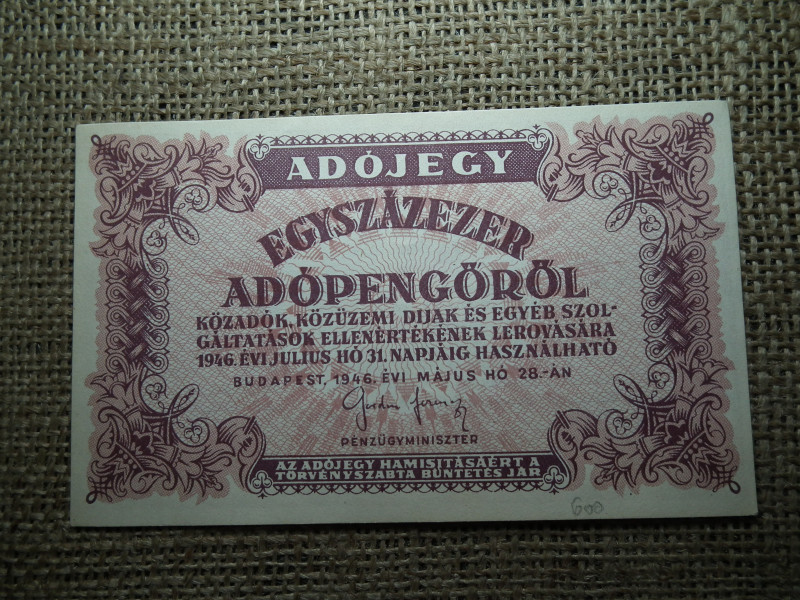 Százezer adópengő 1946 , vízjel nélküli , vastag fehér papír 