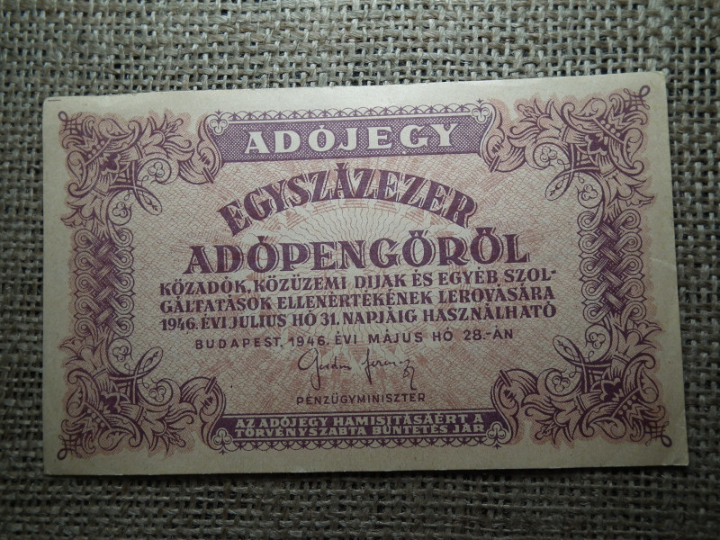 Százezer adópengő 1946 , vízjeles , sorszám nélkül ! 