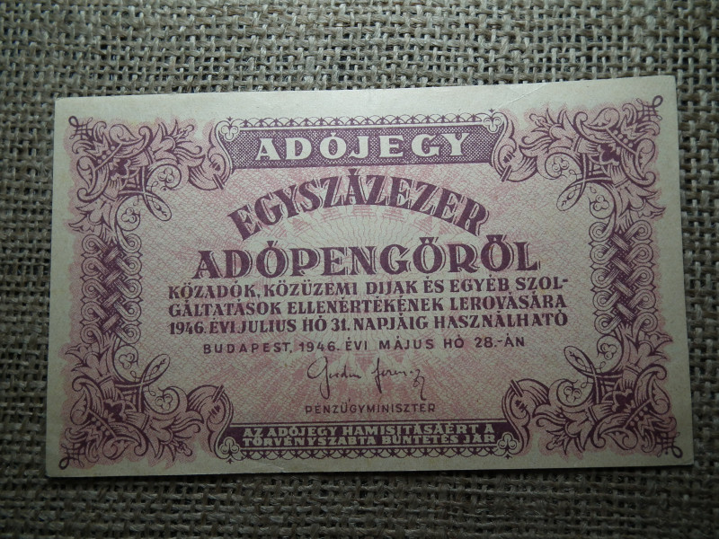 Százezer adópengő 1946 , vízjeles , sorszám nélkül ! 